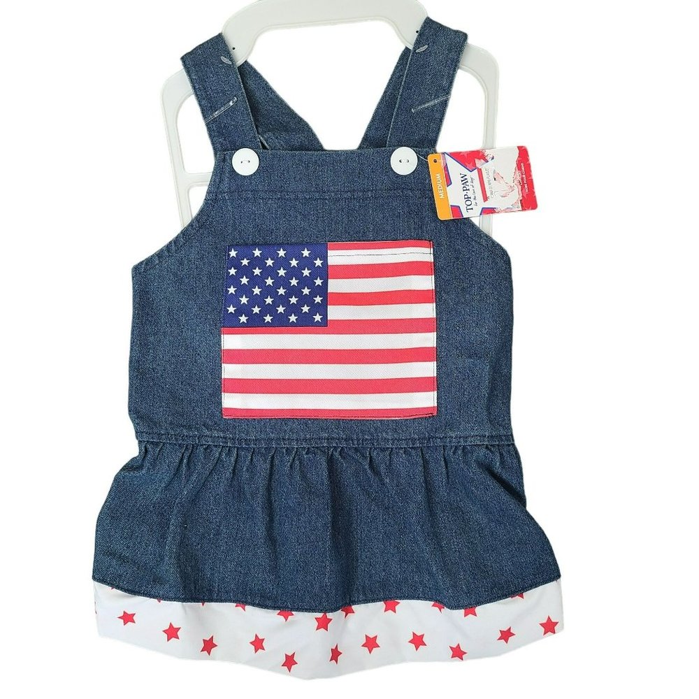 Top Paw Red White &Cute Pet Dog Dress Sz M Denim Flag Stars Stripes Independence